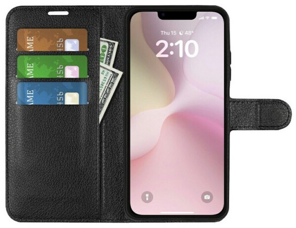 Wigento Smartphone-Hülle Für Apple iPhone 16e Kunstleder Book Wallet Handy Tasche Hülle Schwarz, Kunstleder Hülle mit Kartenfächern und Standfunktion, Bild 4