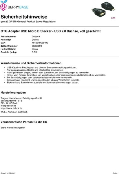 DeLock USB Adapter Micro-B Stecker auf USB 2.0 Buchse OTG (65549), Bild 3