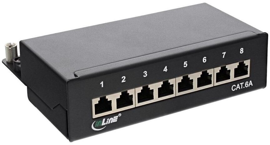 InLine Panneau de brassage plat Cat.6A 8 voies montage sur rail DIN TS35 noir RAL9005 (76808A)