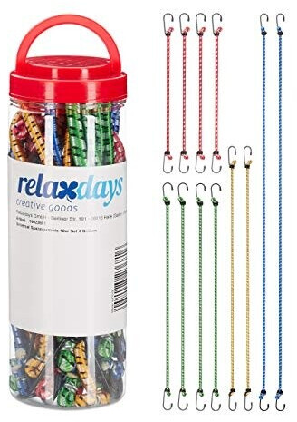 Relaxdays Juego de 12 Cuerdas Elásticas 4 Tamaños Azul/Verde/Rojo para Coche y Bicicleta (10023681)