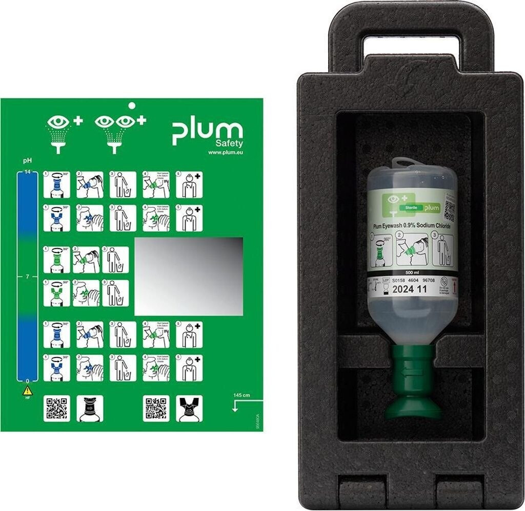 Plum Eye Wash Wall Box iBox 1 with Vision Panel and Carrying Handle, 500 ml 0.9% NaCl (4902)