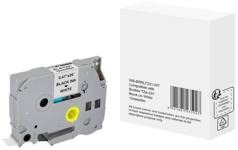 Neutral Label Tape Black on White 12 mm x 8 m (5BRT231-WT)