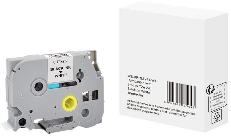Brother Label Tape compatible with P-touch TZe-241, 18 mm x 8 m, black on white (WBBRRLT241WT/5BRT241-WT)