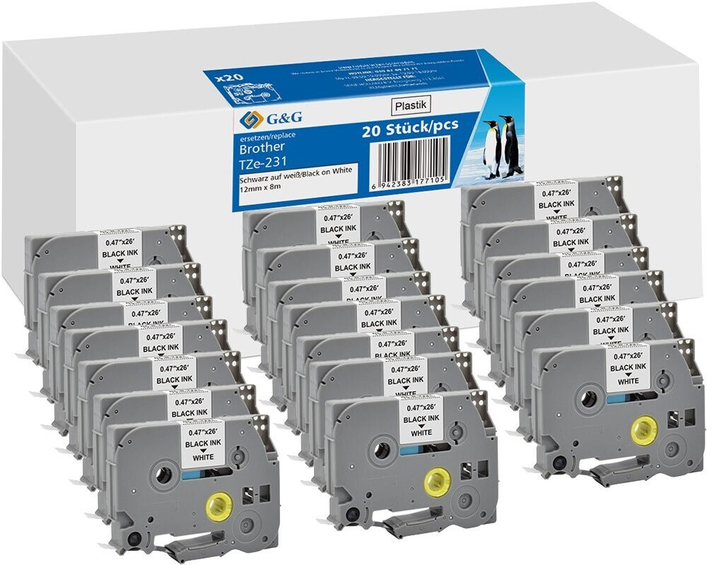 G&G Label tape 12mm x 8m black on white compatible with Brother TZe-231 20 pieces (RL-B-T231P-BK/WT20packs)