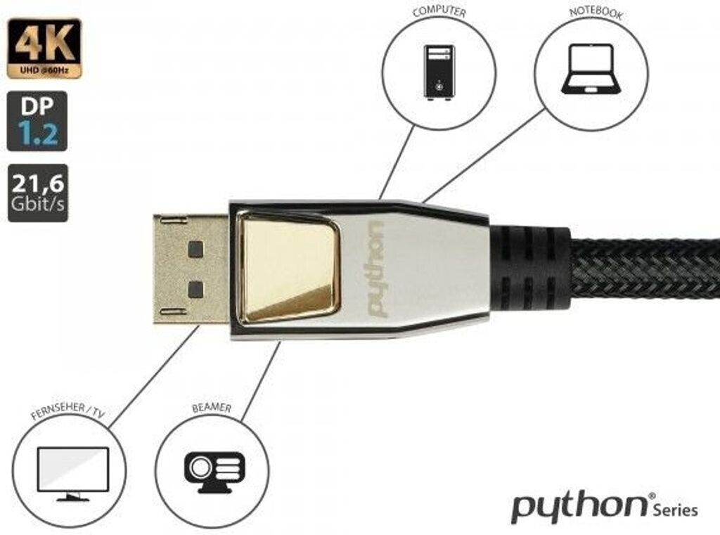 Python DisplayPort 1.2 Kabel 10m 4K UHD 60Hz vergoldet schwarz (GC-M0198)