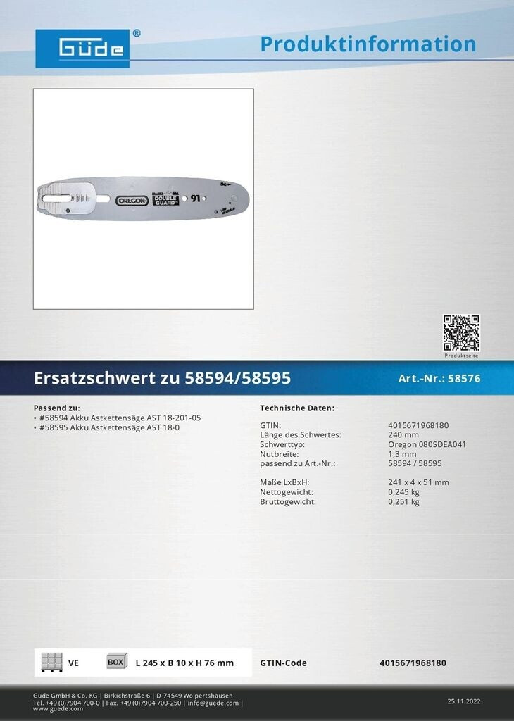 Güde Güde Replacement Chain Bar 240mm for Branch Chainsaw AST 18 (58576) - detail view