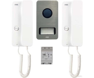 Grothe Door intercom complete set with 1 outdoor station + 2 house telephones + power supply unit, silver/white (1122/602)