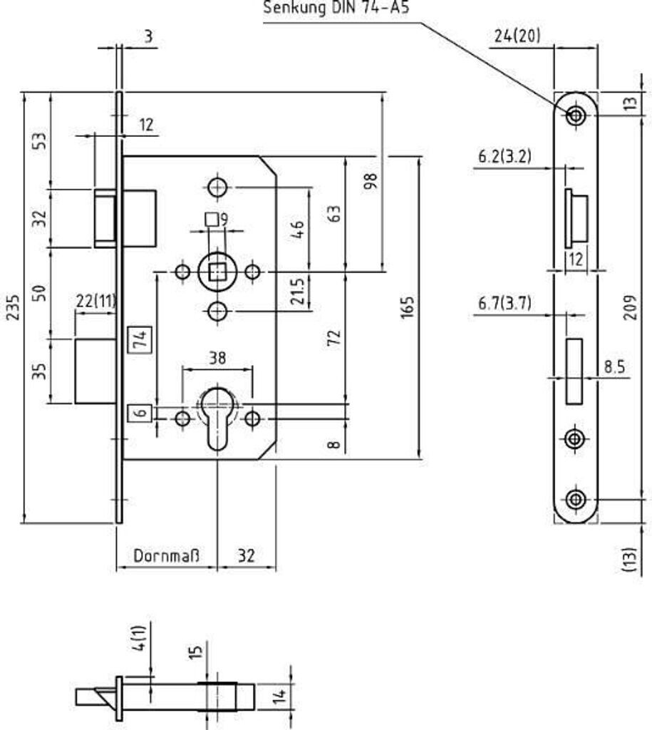 BMH Mortise Lock 1000 PZW 72/9 D65 F24 Stainless Steel DIN right (1000000076)