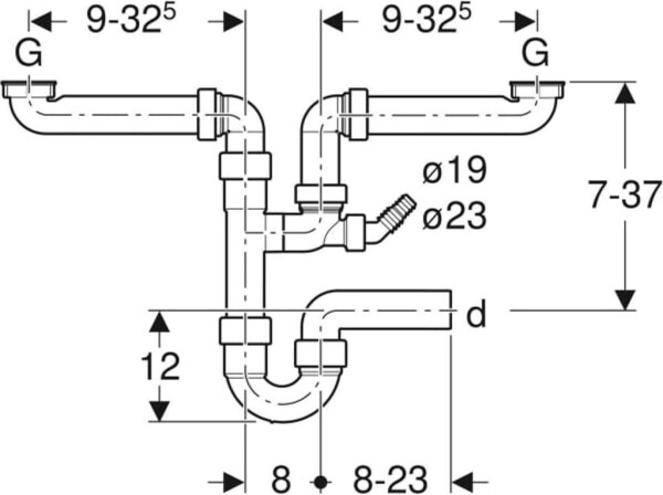 Geberit Rohrbogengeruchsverschluss für zwei Spülbecken mit Winkelschlauchtülle, Abgang horizontal, G1 1/2 x 40 mm (152.886.11.1), Bild 3