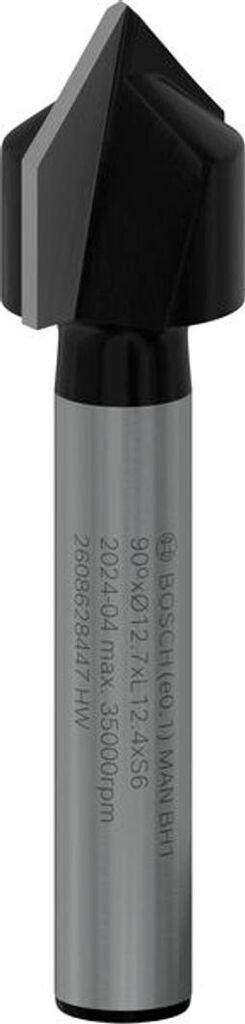 Bosch V-Nutfräser für Holz mit 6 mm Schaft, D1 12,7 mm, L 12,7 mm, G 45 mm, 90° (2608628447)