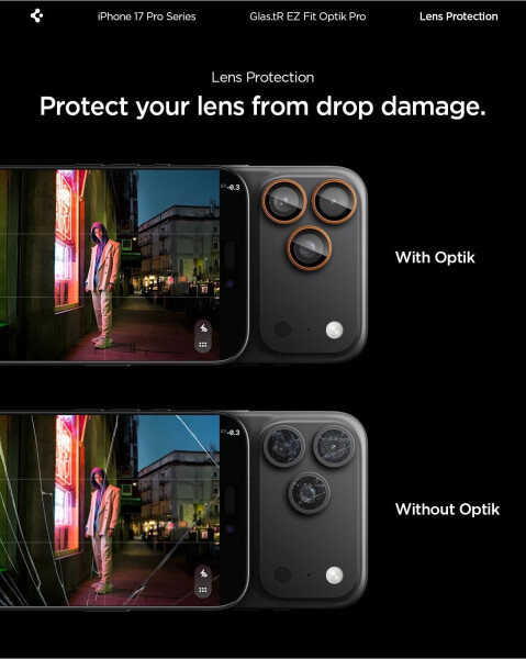 Spigen Glas für die Kamera für iPhone 17 Pro Max - 14 Pro Glas.tR Ez Fit Optik Pro 2-Pack Schwarz-Orange, Bild 11