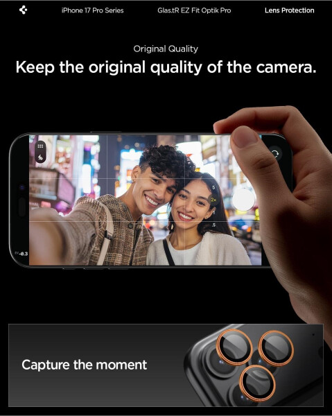 Spigen Glas für die Kamera für iPhone 17 Pro Max - 14 Pro Glas.tR Ez Fit Optik Pro 2-Pack Schwarz-Orange, Bild 9