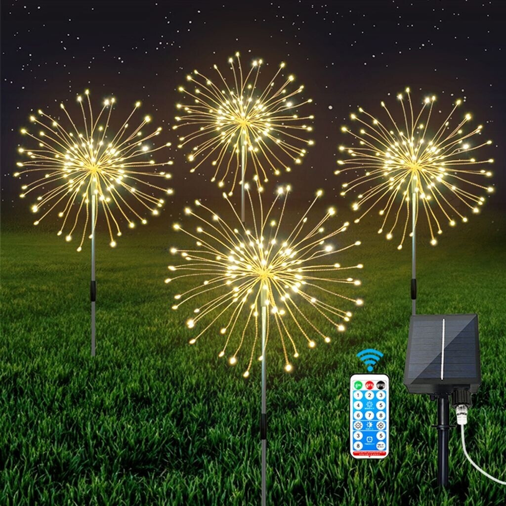 Gartendeko Solarleuchten 4er Set – 120 LEDs Pro Leuchte, Fernbedienbar, 8 Leuchtmodi, IP65 Wasserdicht, Als Feuerwerk-Effekt