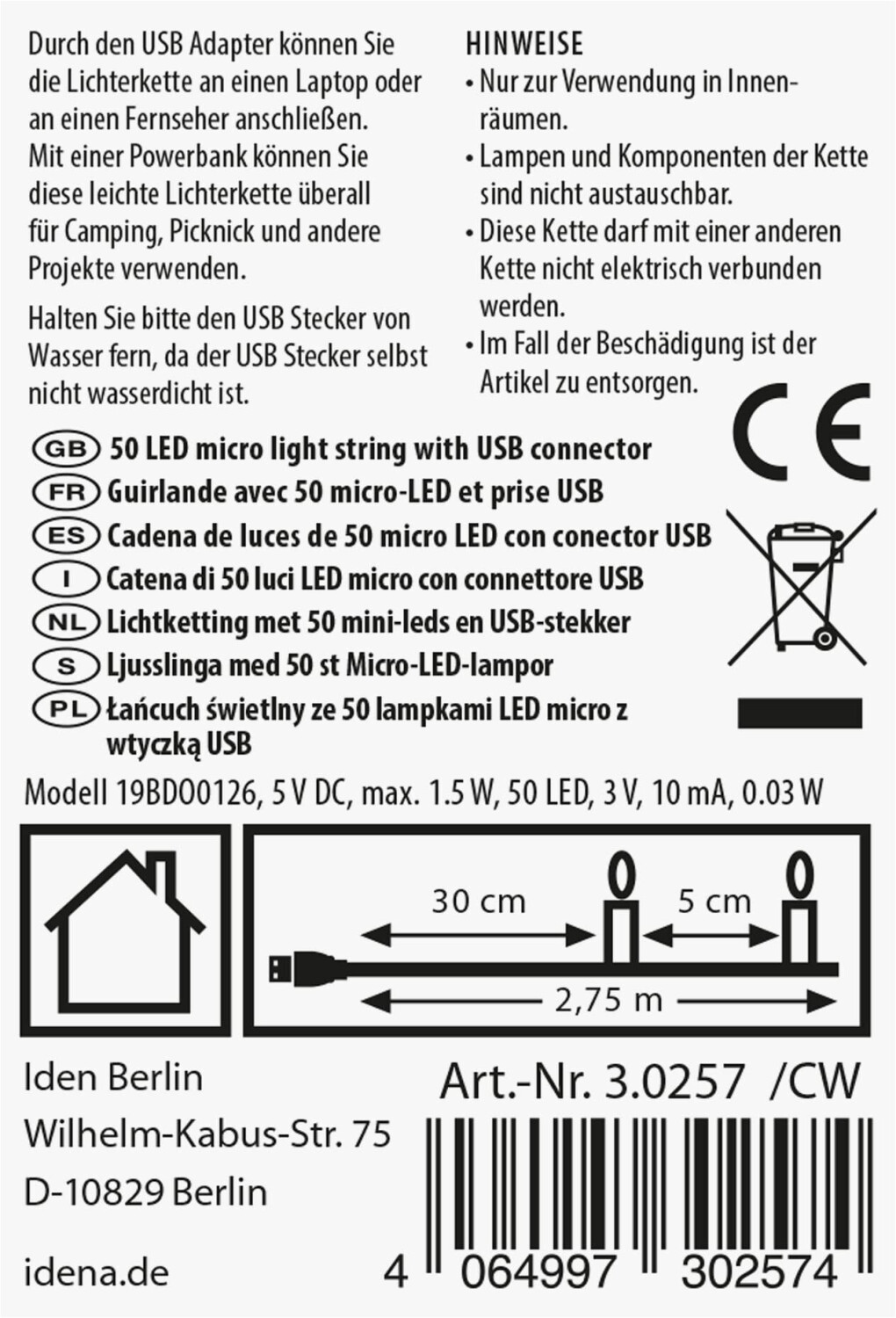Idena 50 Micro LED warmweiß mit USB 2,75m innen silberner Draht (30257 ...