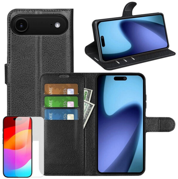 Wigento Smartphone-Hülle Für Apple iPhone 17 Air Kunstleder Wallet Hülle Schwarz + 9H Hart Glas, Produktset Kunst-Leder Tasche + H9 Hart Glas
