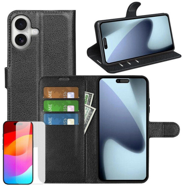 Wigento Smartphone-Hülle Für Apple iPhone 17 Kunstleder Wallet Hülle Schwarz + 9H Hart Glas, Produktset Kunst-Leder Tasche + H9 Hart Glas