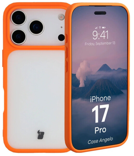 Bizon Handyhülle für iPhone 17 Pro Case Angelo Semitransparent mit orangefarbenem Rahmen