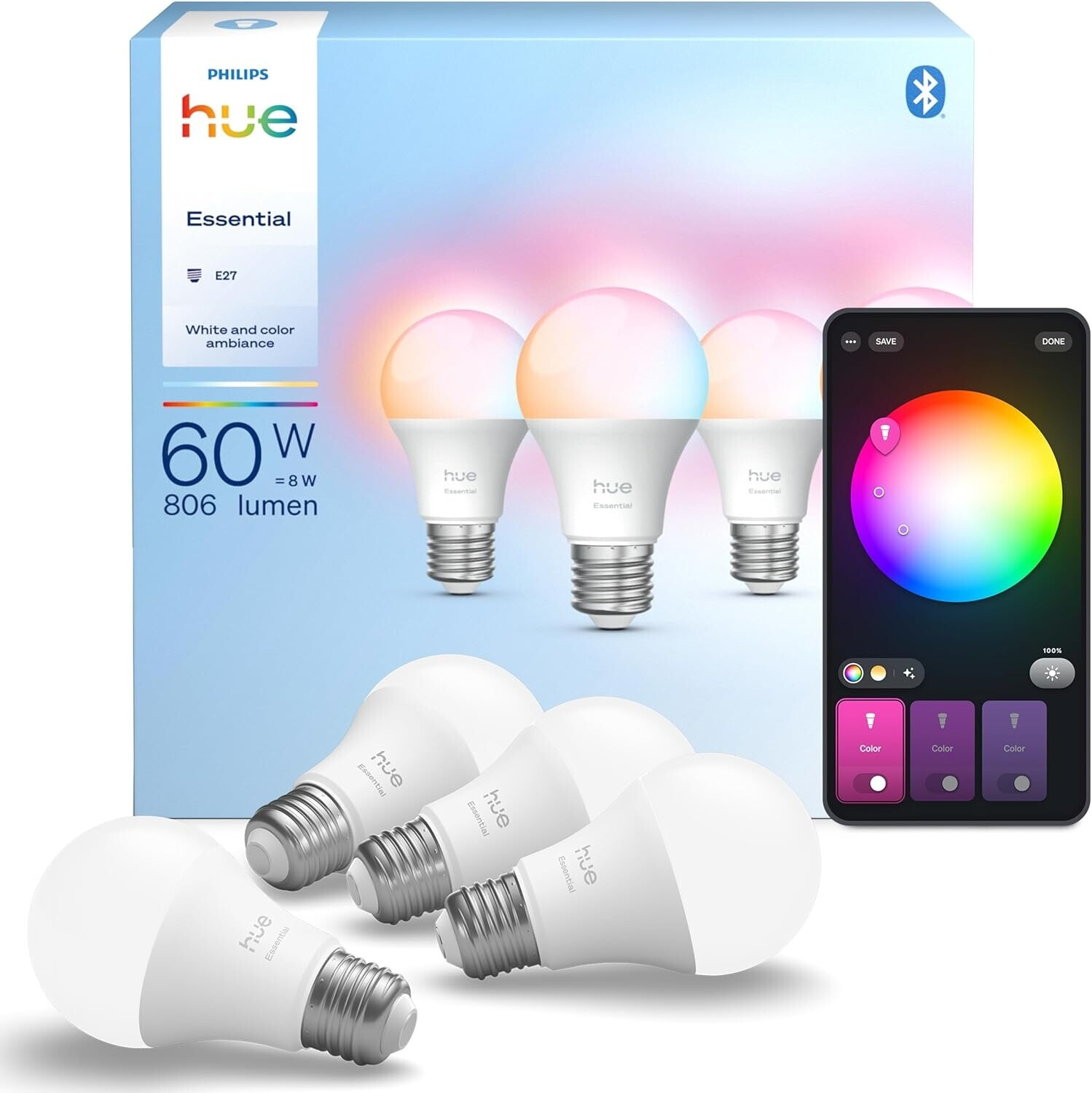 Philips Hue Essential A60 White & Color E27 4er Set (39230400) ab