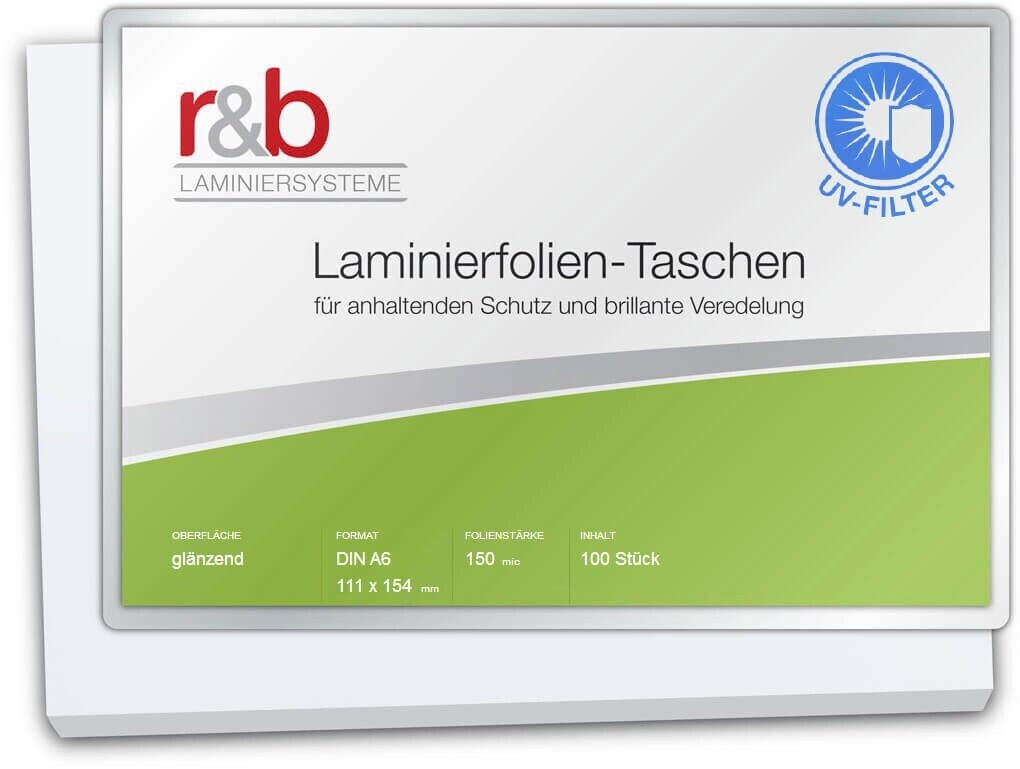 r&b Laminierfolien A6 (111 x 154 mm), 2 x 150 mic, glänzend, mit UV Filter (100 Stück)