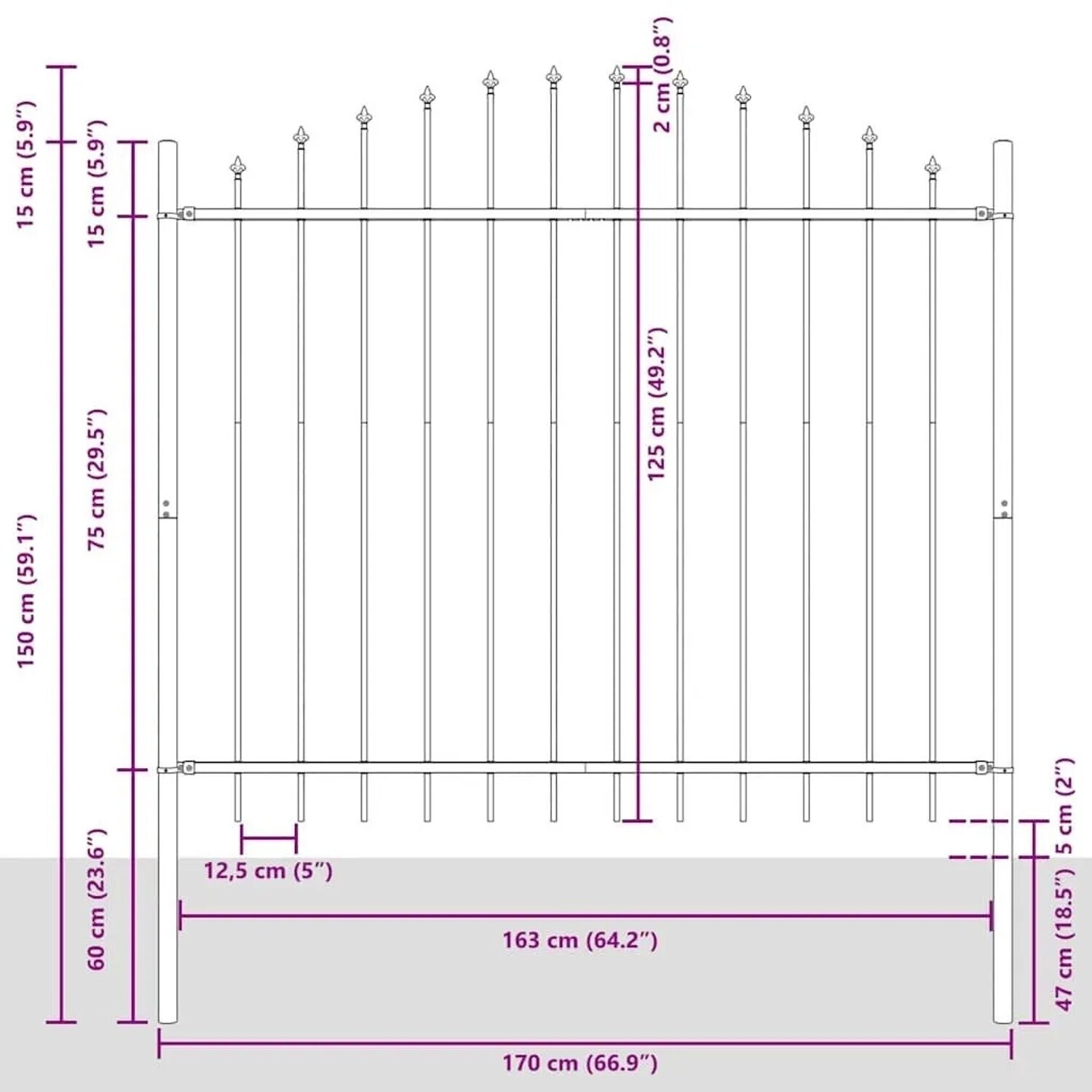 vidaXL vidaXL Garden Fence 4 Pieces Grey 170 x 165 cm Powder-Coated Steel (3360108) - view 7