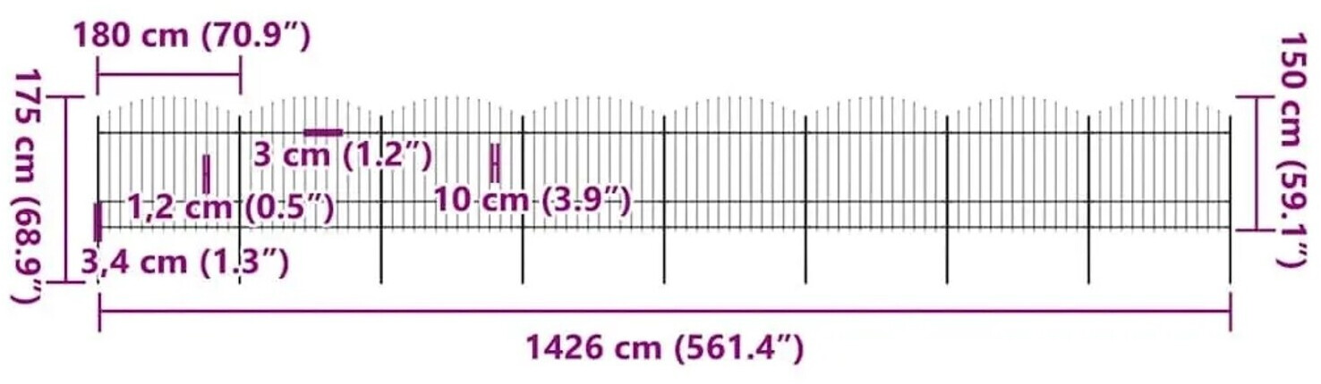 vidaXL vidaXL Garden Fence with Spearhead Steel 1426 x 175 cm Black (277746) - alternate view
