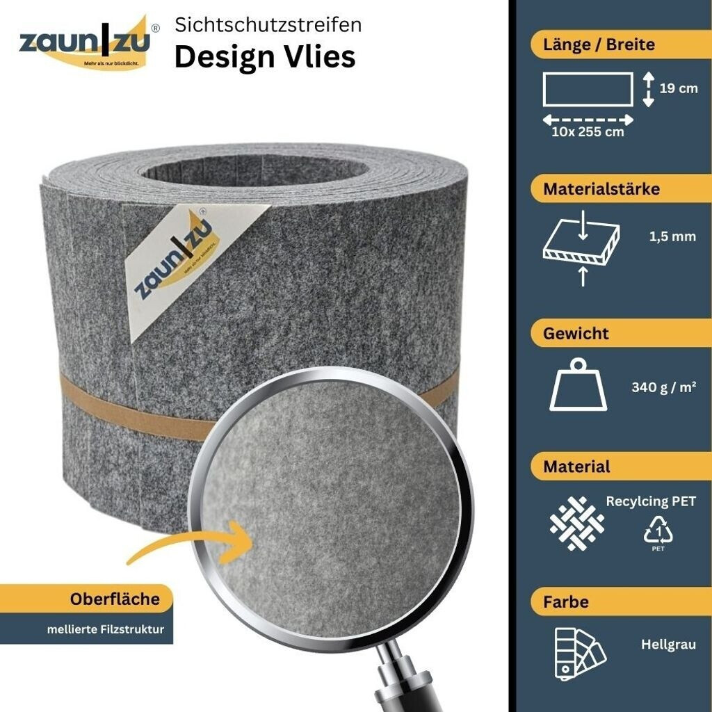 zaun|zu zaun|zu Sichtschutzstreifen Design Hellgrau 2,55 m x 19 cm x 0,2 cm Hellgrau 10 Stk. - side view