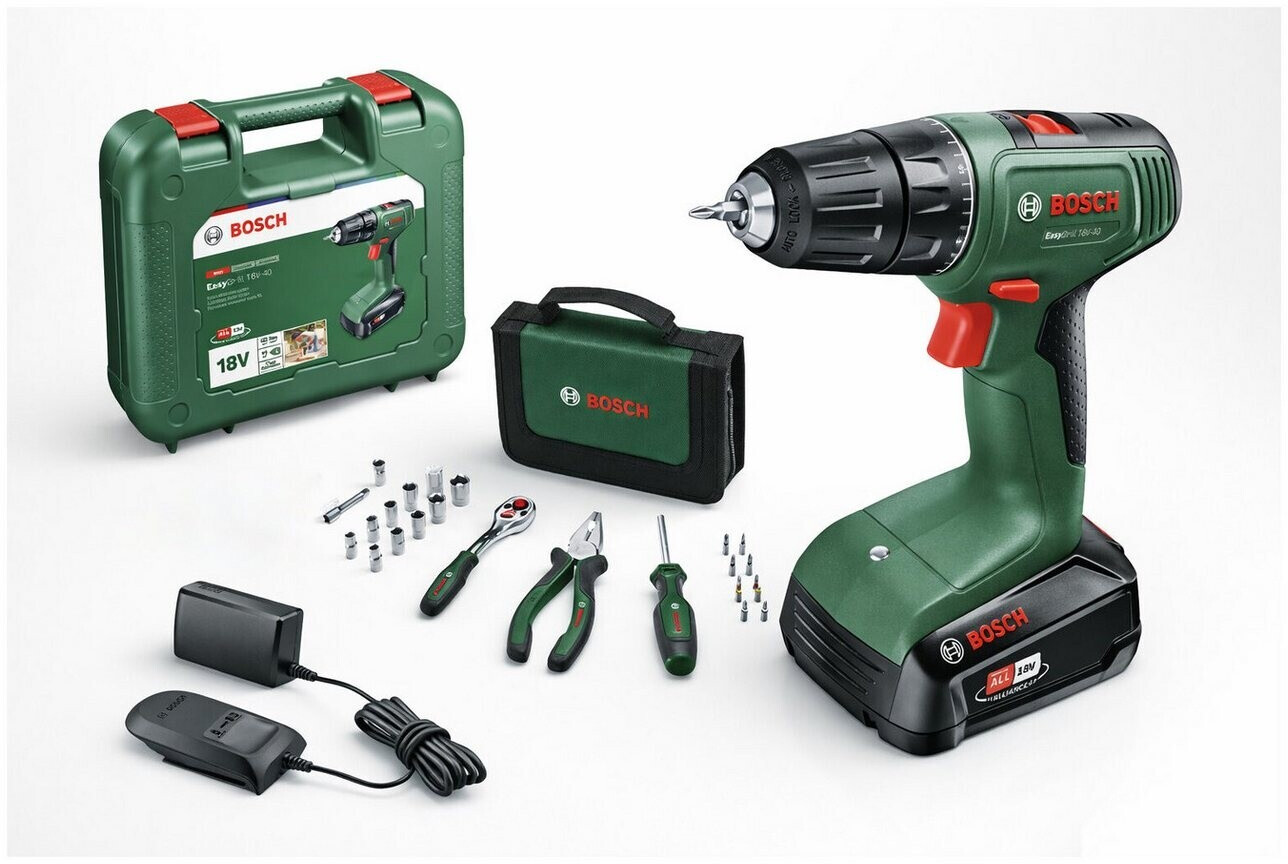 Bosch EasyDrill 18V-40 1 x 2 Ah Akku + Ladegerät + Koffer + Werkzeug-Set 26 tlg.