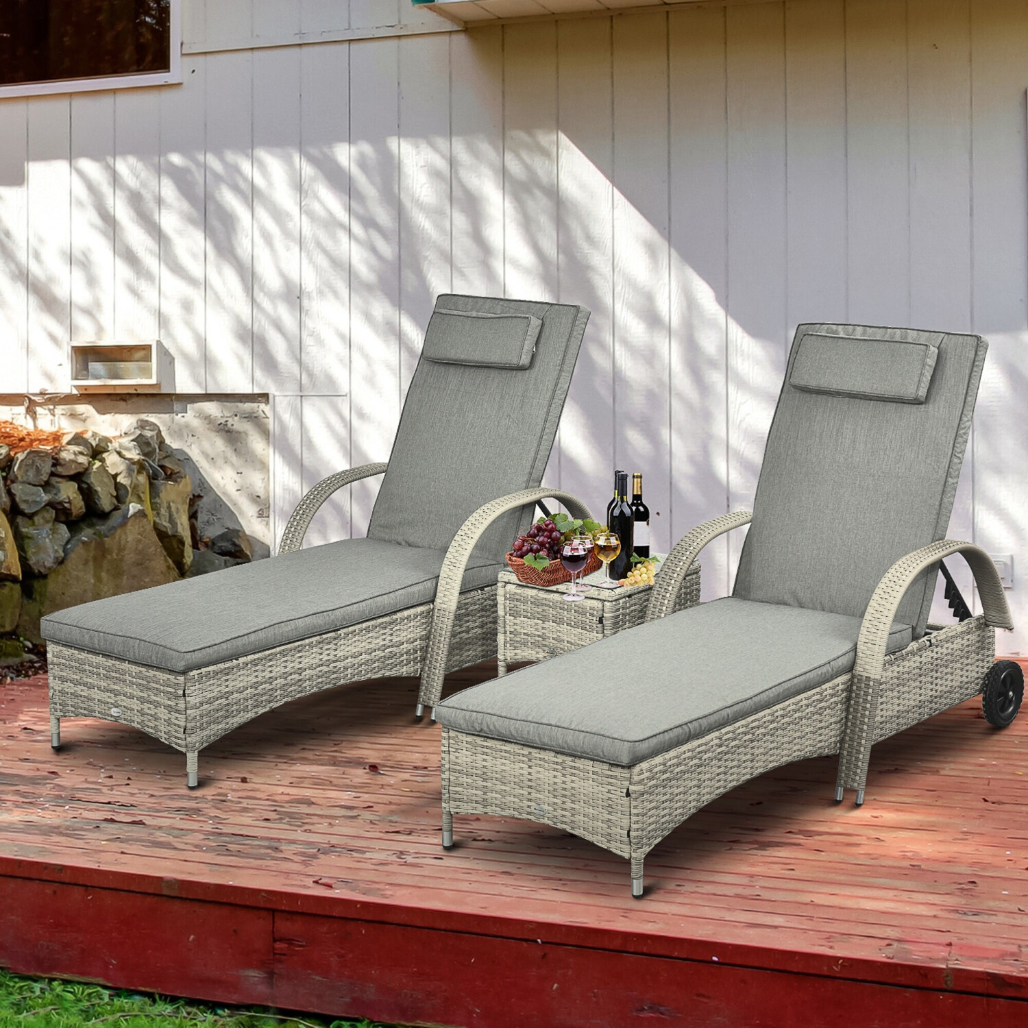 Outsunny Sonnenliege mit Tisch 3er-Set Gartenmöbel Polyrattan Metall Gartenliege (862-011V01) grau