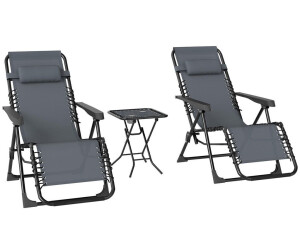 Outsunny Garden Lounger Set 3-Piece: Folding Sun Lounger with Tea Table 2 Chairs and Headrest (DE84G-718V00GY0441) grey