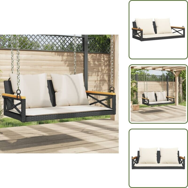 vidaXL The Living Store Hängebank Mit Kissen Schwarz 109x62x40 Cm Poly Rattan Schaukelbank