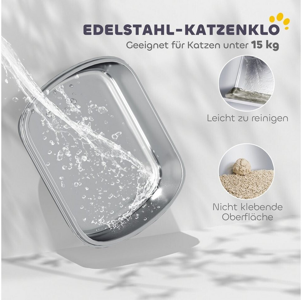 PawHut Katzenklo Edelstahl Offen  Hoher Rand Katzentoilette Mit Schaufel  Fr Groe Katzen Bis 15kg