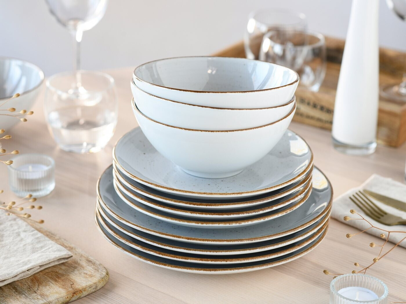 CreaTable, 34036, Série Vintage Nature Pierre, Service de vaisselle 8 pièces, Service à cappuccino en porcelaine, compatible lave-vaisselle et micro-ondes, Fabriqué en Europe