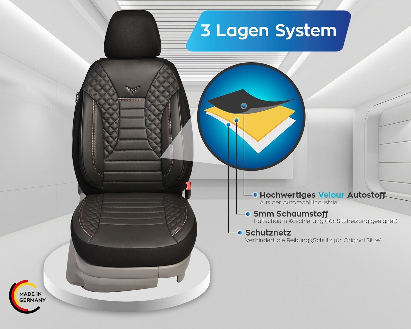 BREMER Coprisedili Per Jaguar F-Pace 2016 – Ecopelle Con Motivo Trapuntato, Set Conducente E Passeggero (Nero, OT404)