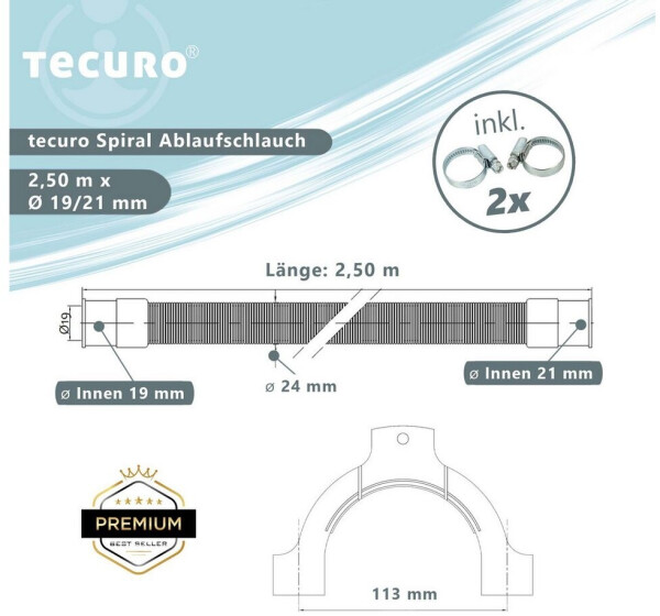 tecuro Spiral Ablaufschlauch 2,50 m x Ø 19/21 mm, knickfest, mit Schlauchhalter und Schellen, Bild 2