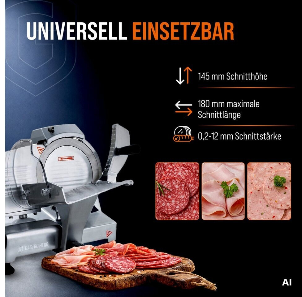 GastroHero Aufschnittmaschine ASM195 Elektrische Wurstschneidemaschine aus Aluminium Messerdurchschnitt 195 mm Schnittstärke 0,2-12 mm Aluminium ASM195 ab 225,98 € (Oktober 2026)