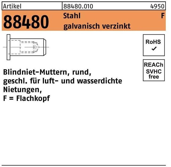 Stahl Verzinkt Korrosionsgeschützt Blindnietschraube M6x12 Mm – Verzinkter Stahl, 25 Stück, In Aufbewahrungsbox, Für Fortum Nietenzange