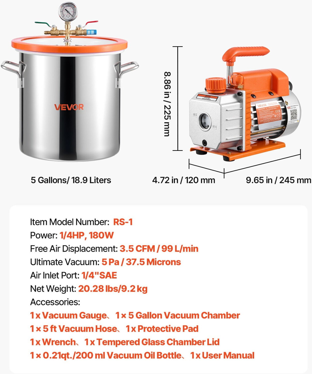 VEVOR Vakuumpumpe 3,5 CFM – 1-stufig, 5 Pa Endvakuum, Für KFZ-Klimaanlagen, R134a, R22, R410a, Inkl. Öl (330ml)