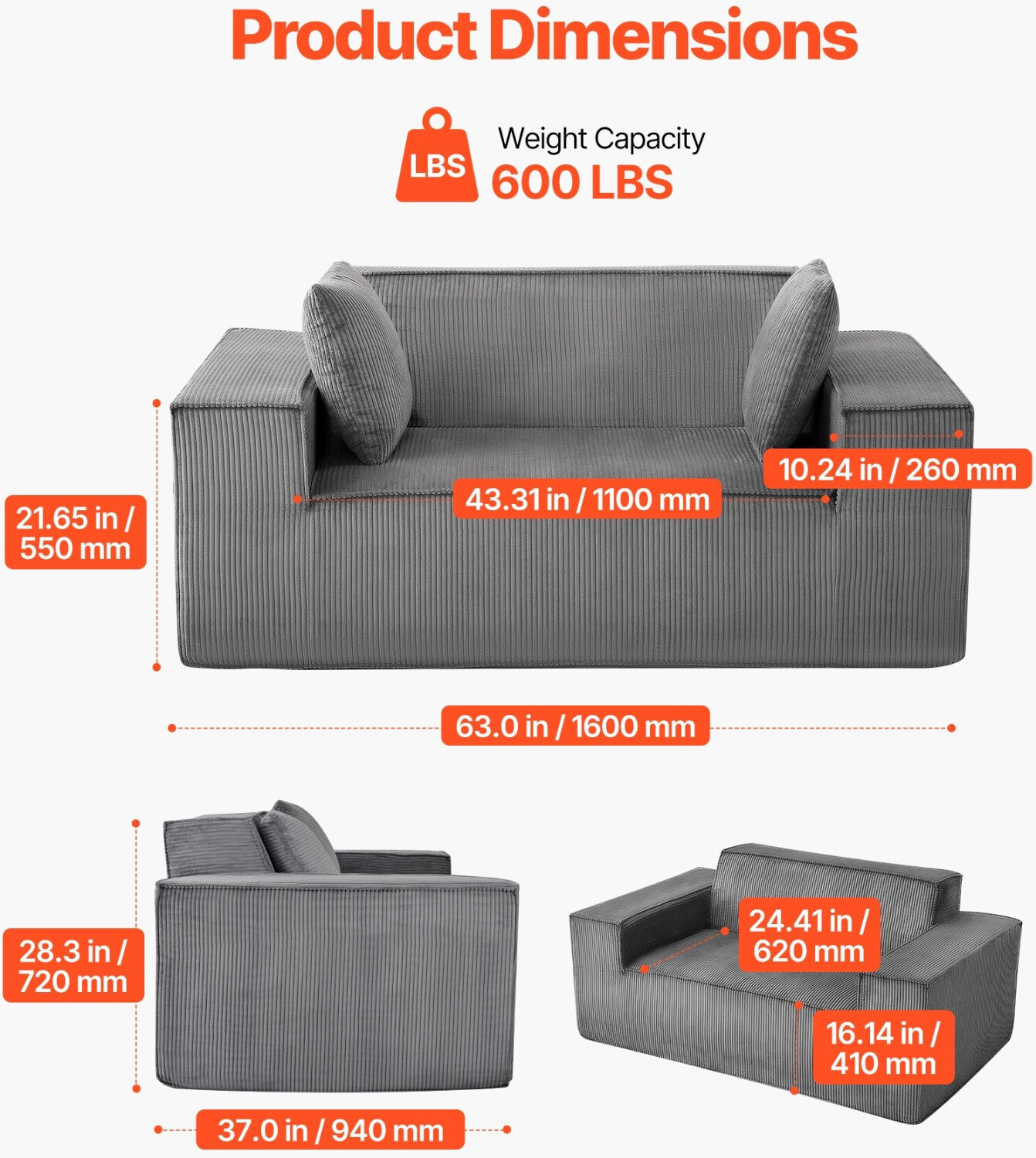 VEVOR Loveseat-Sofa Cord 2-Sitzer 160cm Taschenfedern Grau ab 250,70 € (Oktober 2026)