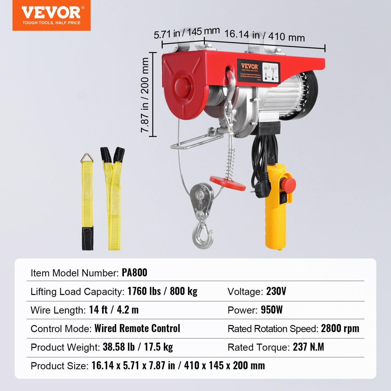 Elektrische Seilwinde PA800 – 400/800 Kg, 10 M Hubhöhe, Mit Fernbedienung & Not-Aus