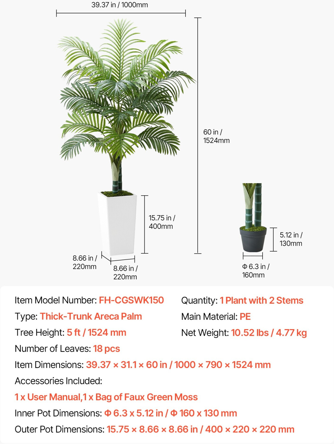 VEVOR Knstliche Areca-Palme 1,52m Kunstseide weier Topf (FH-CGSWK150) ab  53.1  | Vergleiche 2 Angebote auf idealo.de