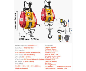 2-in-1 Elektro-Hebezeug 1800W – 500kg Tragkraft, 30m Hubhöhe, Kabel & Funkfernbedienung, Von Hopzty