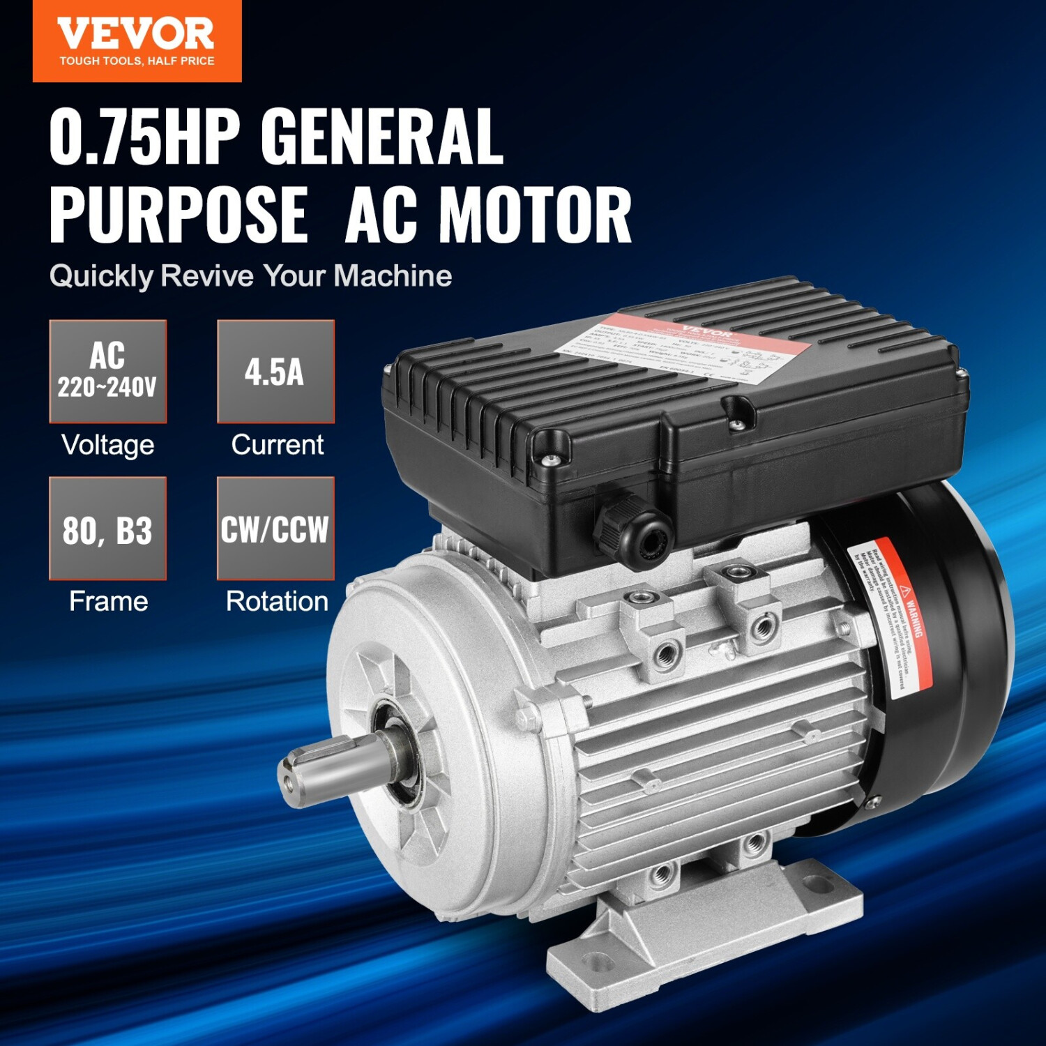 Einphasiger Elektromotor 230 V mit Induktion – 0,25 kW, 0,34 PS, 2800 U/min, B5, MEC 63 – geeignet für Werkstätten, Säulenbohrmaschinen, Förderbänder