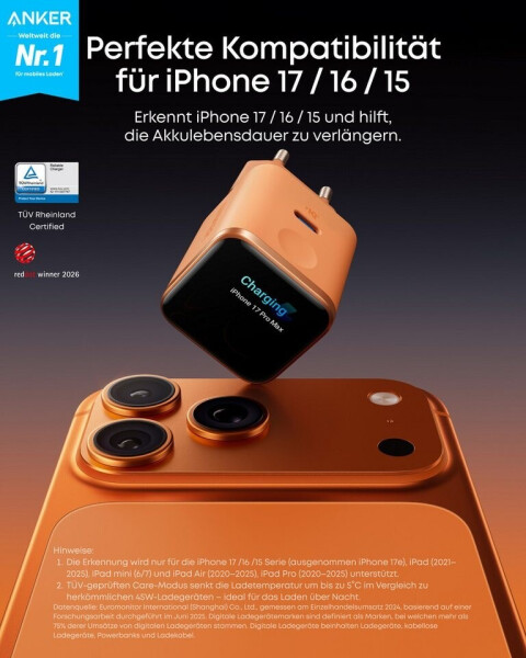 Anker Nano Ladegerät (45W, Smart Display) orange, Bild 2
