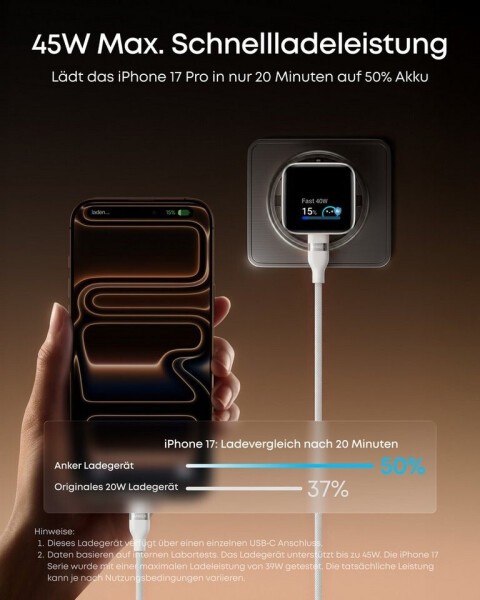 Anker Nano Ladegerät (45W, Smart Display) weiss, Bild 3