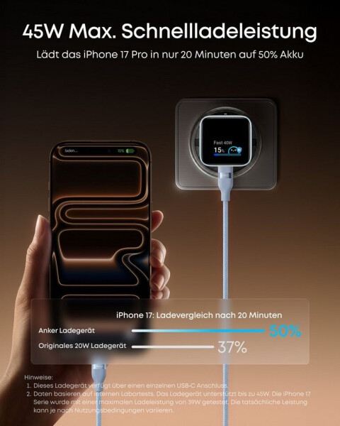 Anker Nano Ladegerät (45W, Smart Display) blau, Bild 3