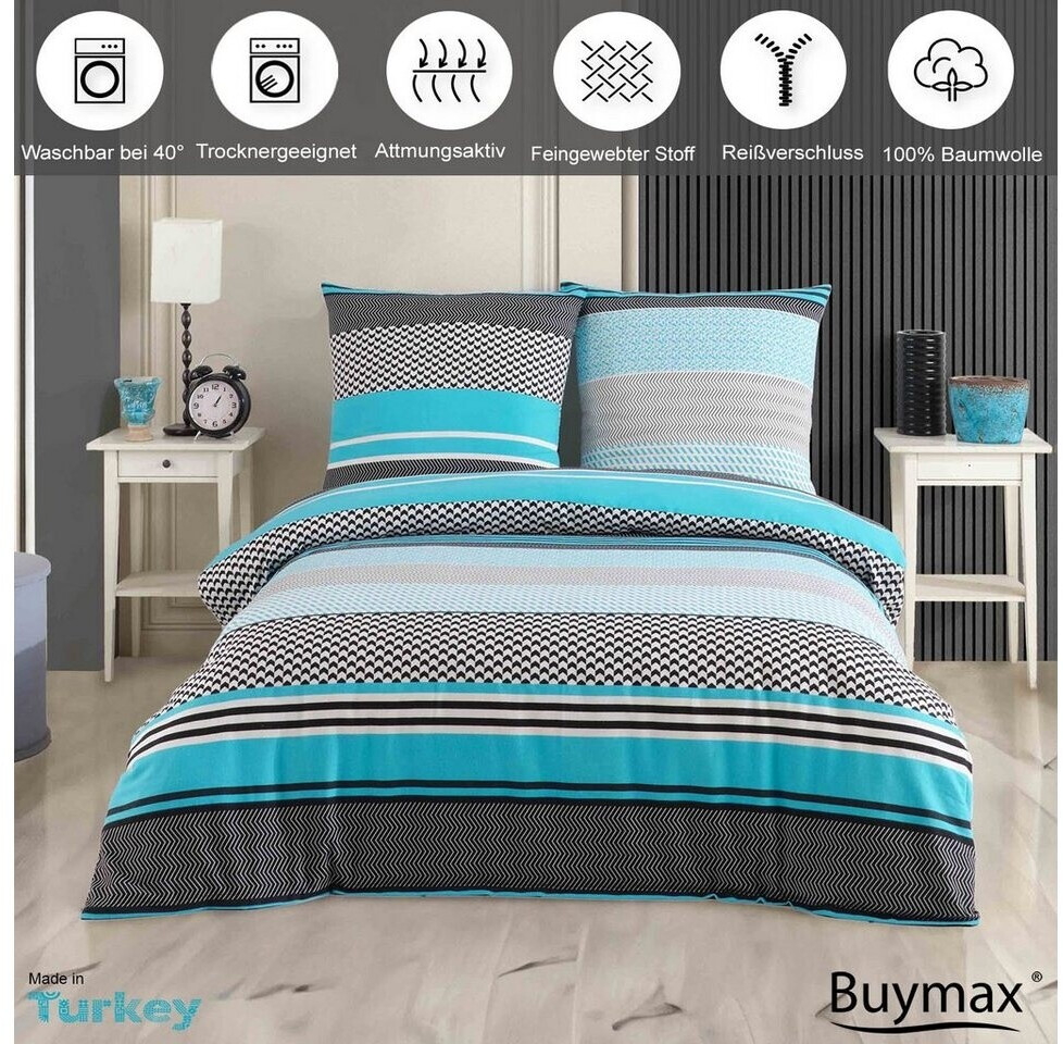 BuyMax Bettwäsche, Biber, 3 teilig, 200x200 cm Flanell mit Reißverschluss Türkis-Schwarz ab 46,90 € (Oktober 2026)
