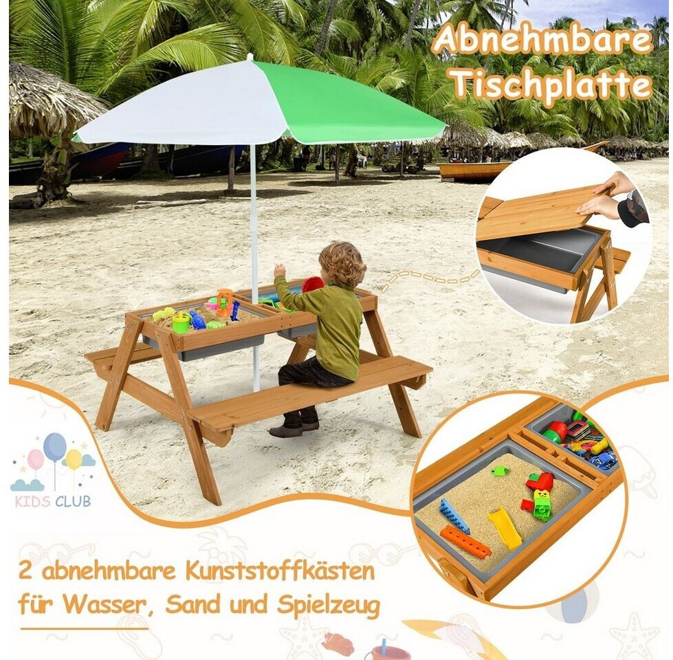 Costway Kinder-Sitzgruppe 4-Sitzer Picknicktisch mit Sonnenschirm, Holz ...