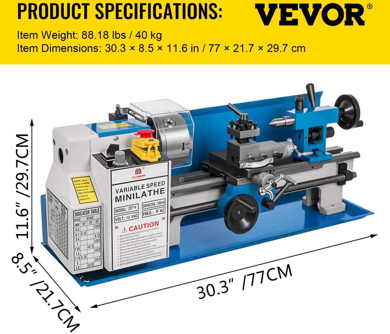 550 W Mini-Metalldrehmaschine Tisch – 180x350 Mm, 50-2500 U/min, Variabel, Mit 3-Backenfutter Und LED-Beleuchtung