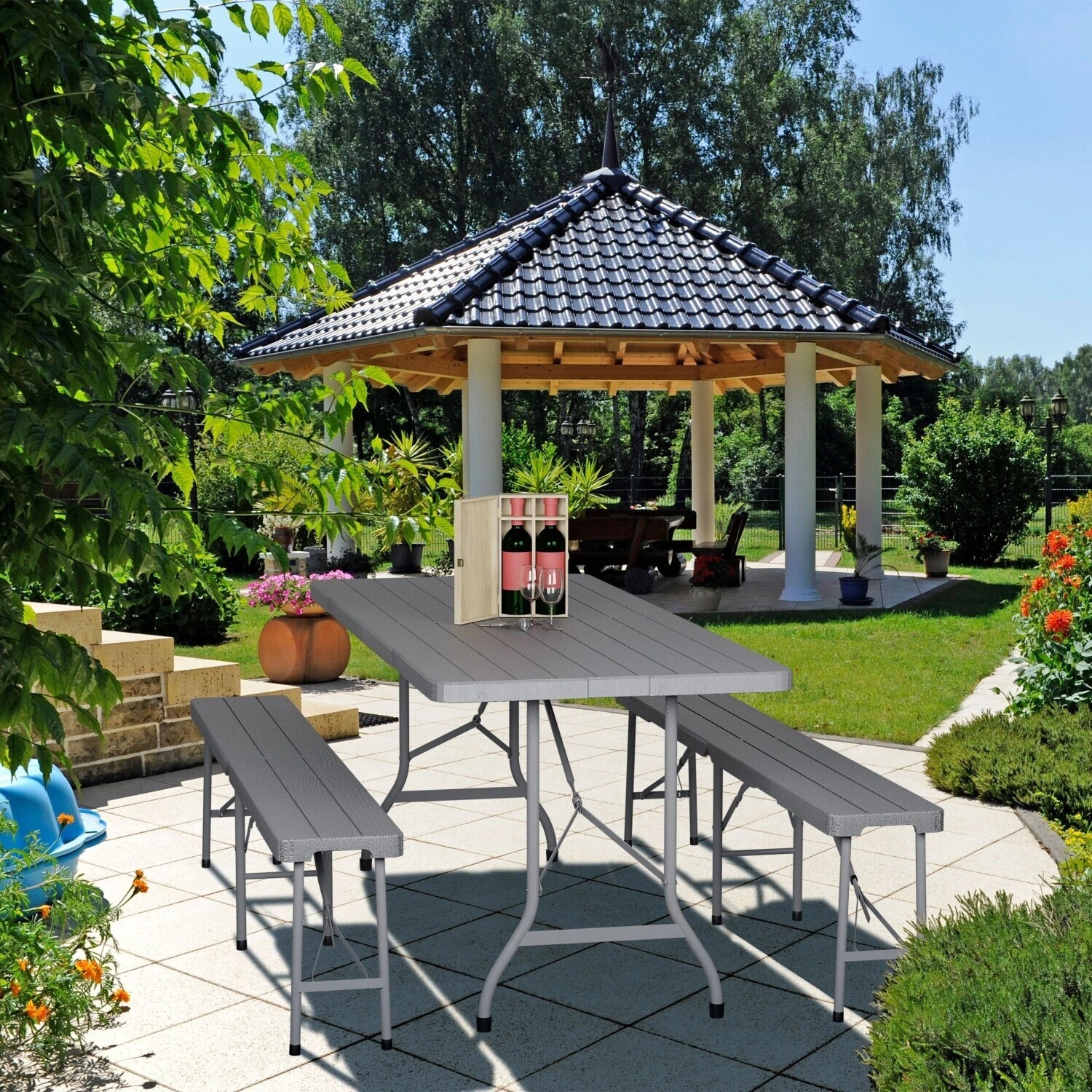 Relaxdays Bierzeltgarnitur 3-tlg. klappbar, Kunststoff/Metall, Grau ab 124,79 € (Oktober 2026)