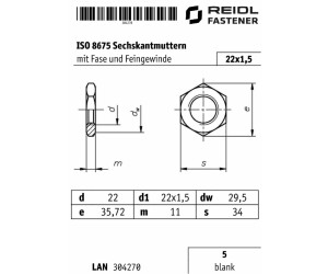 100 x Niedrige Sechskantmuttern mit Fasen,metr.fein ISO 8675 05 M 12 x 100 x Niedrige Sechskantmuttern mit Fasen,metr.fein ISO 8675 05 M 12 x